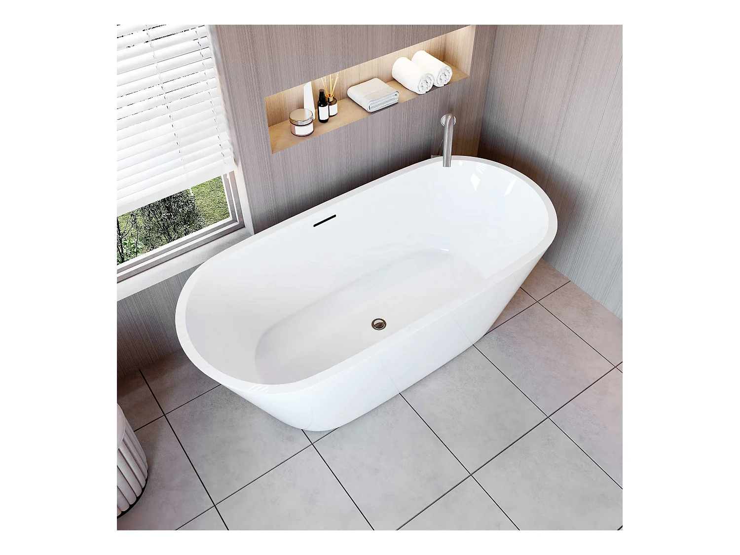 AICA Bañera acrílica exenta ovalada,1700x800x580mm,color blanco,incluye manguera + desagüe