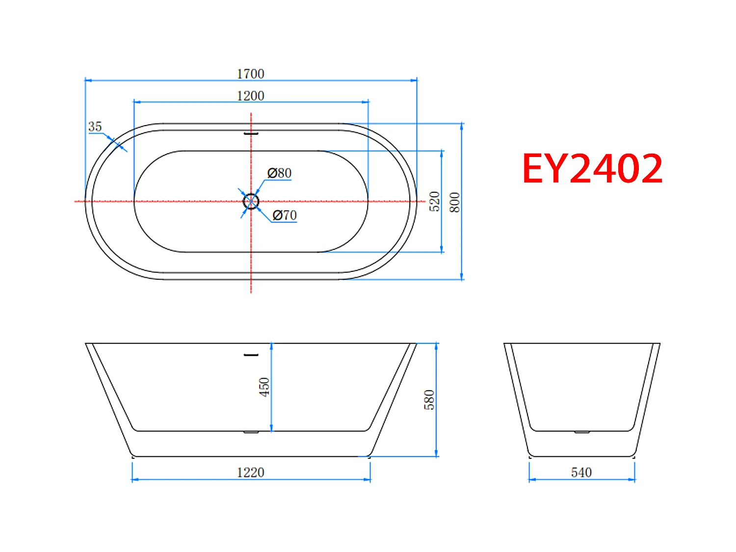 AICA Bañera acrílica exenta ovalada,1700x800x580mm,color blanco,incluye manguera + desagüe