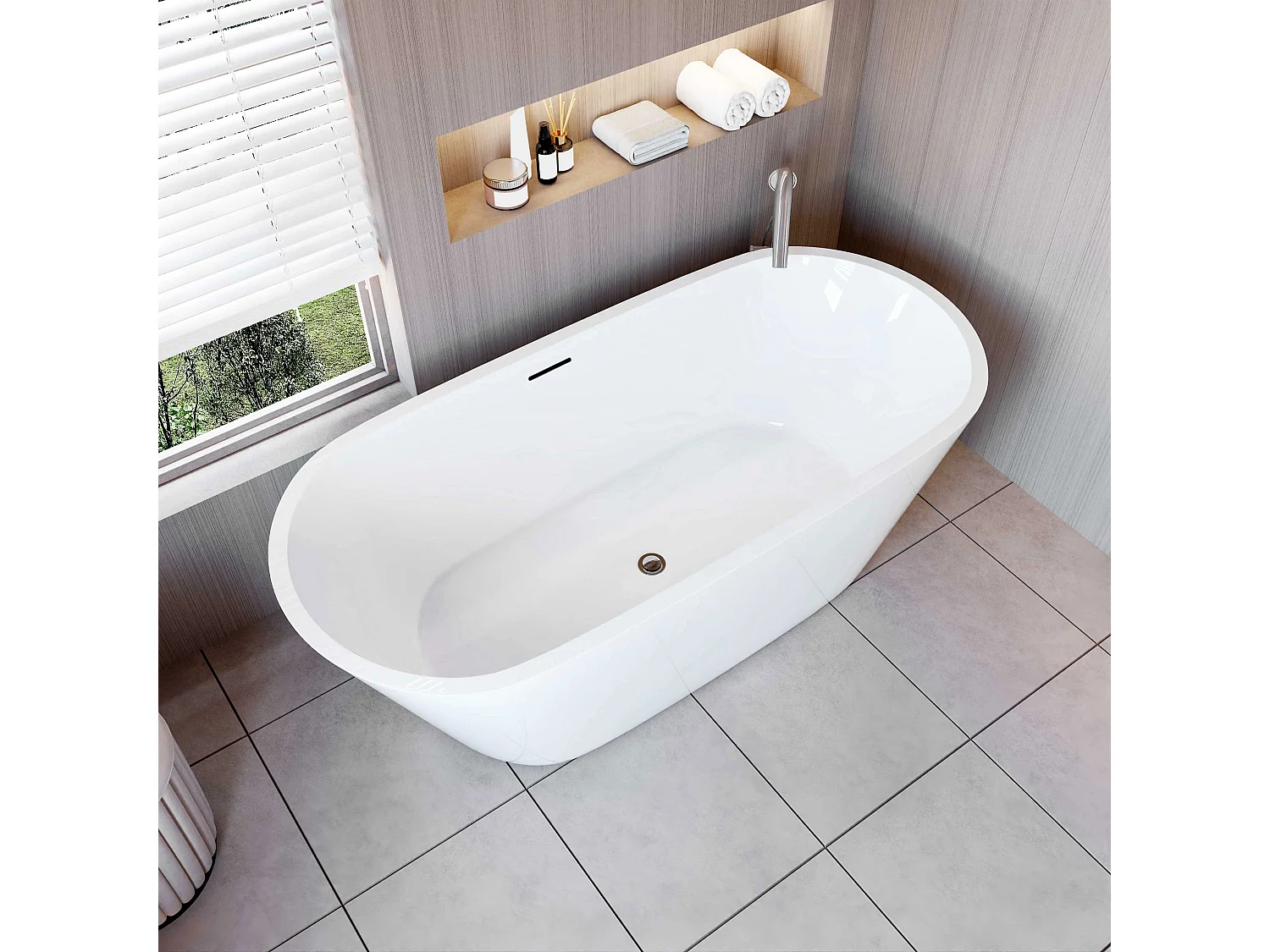 AICA Bañera acrílica exenta ovalada,1700x800x580mm,color blanco,incluye manguera + desagüe