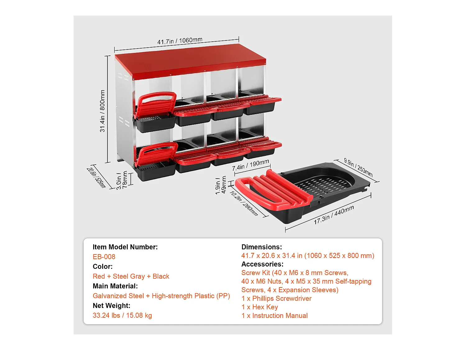 Pondoir pour Poules, SucceBuy Nichoir à Poules à 8 Compartiments, Boîte en Métal avec Conception de Nidification Inclinée