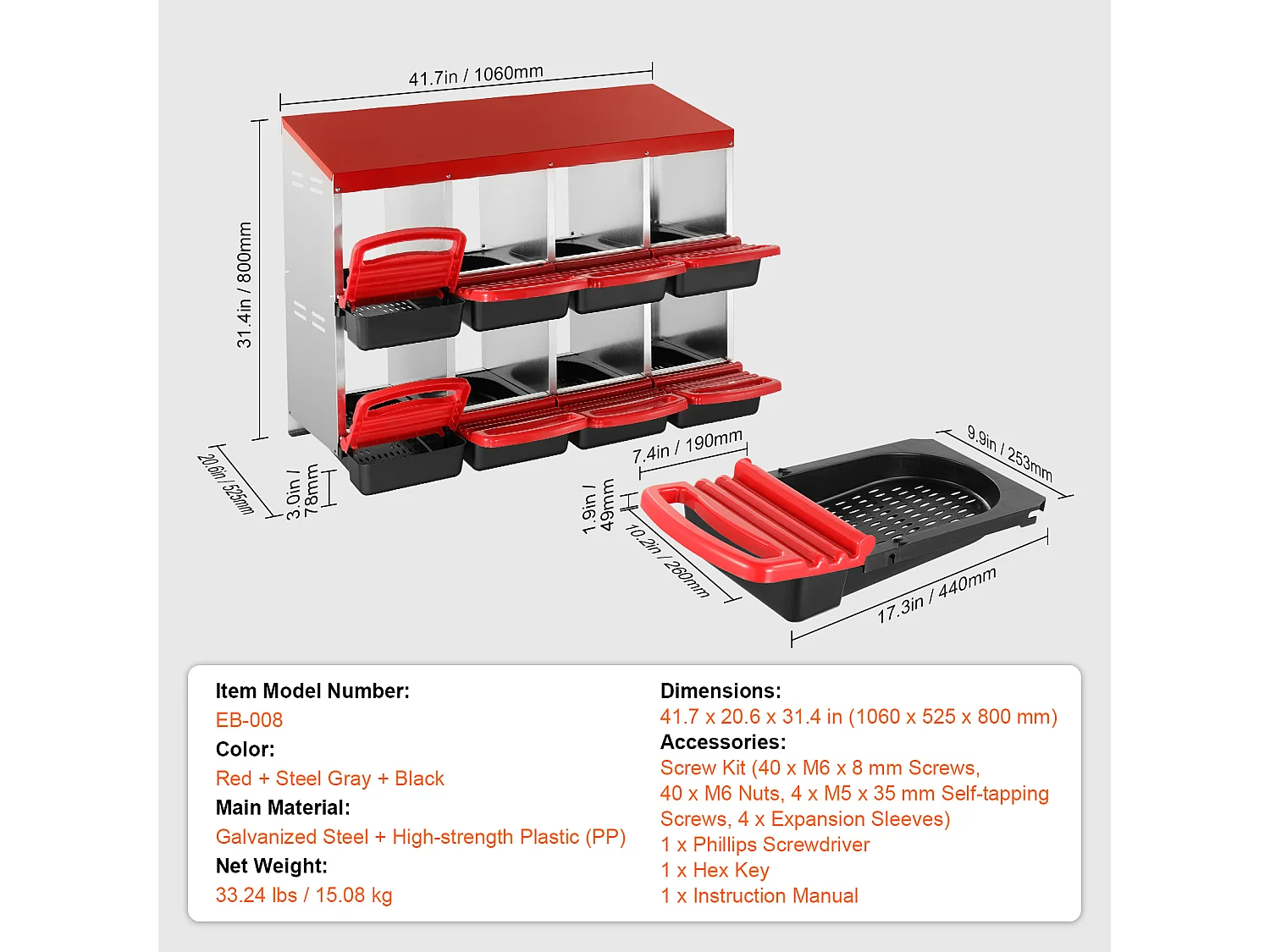 Nido para Gallinas SucceBuy de 8 Compartimentos, Caja Metálica con Diseño Inclinado