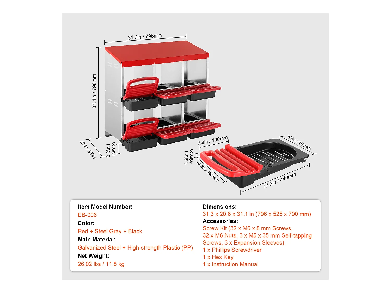 Pondoir pour Poules, SucceBuy Nichoir à Poules à 6 Compartiments, Boîte en Métal avec Conception de Nidification Inclinée