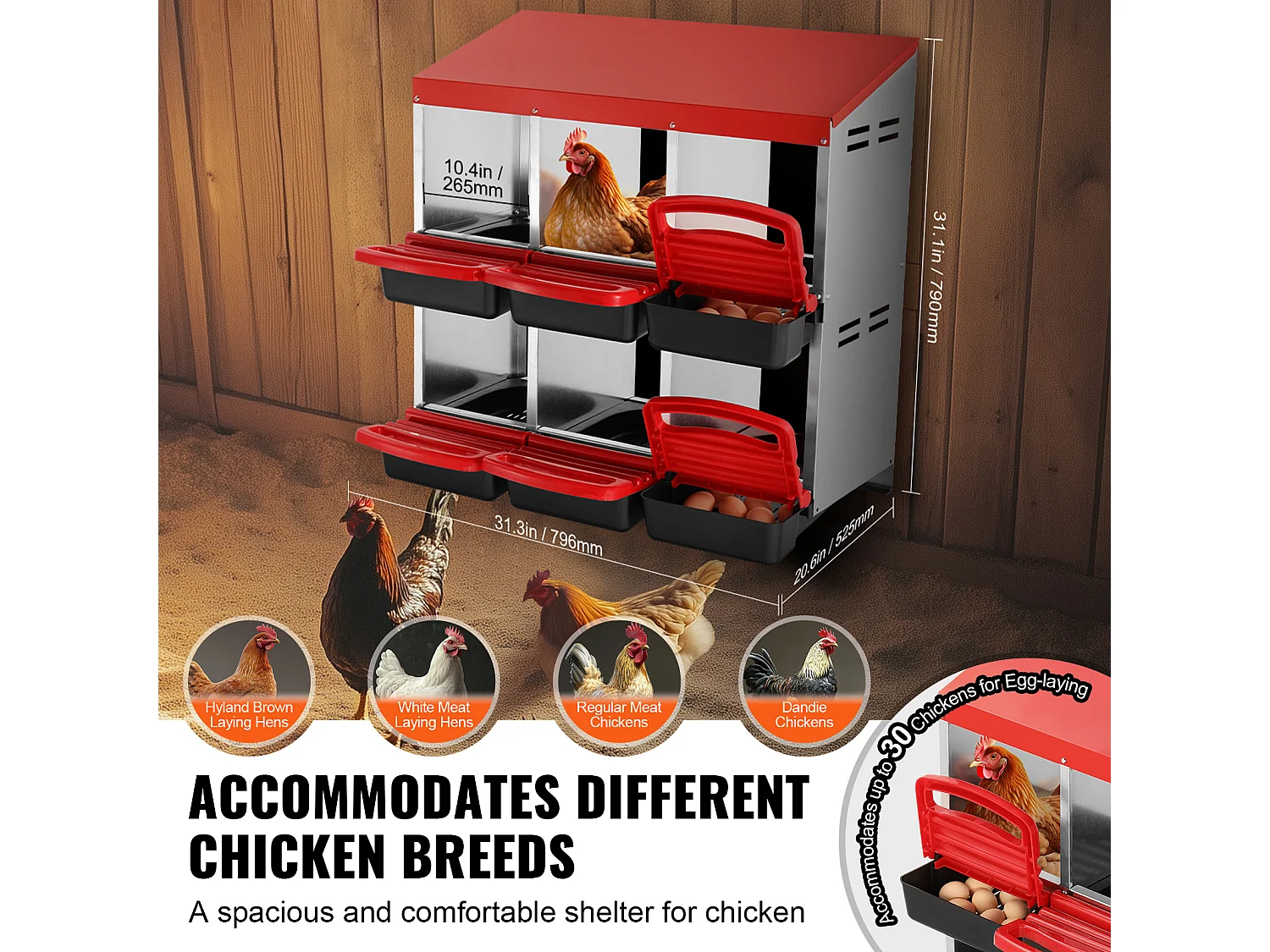 Pondoir pour Poules, SucceBuy Nichoir à Poules à 6 Compartiments, Boîte en Métal avec Conception de Nidification Inclinée