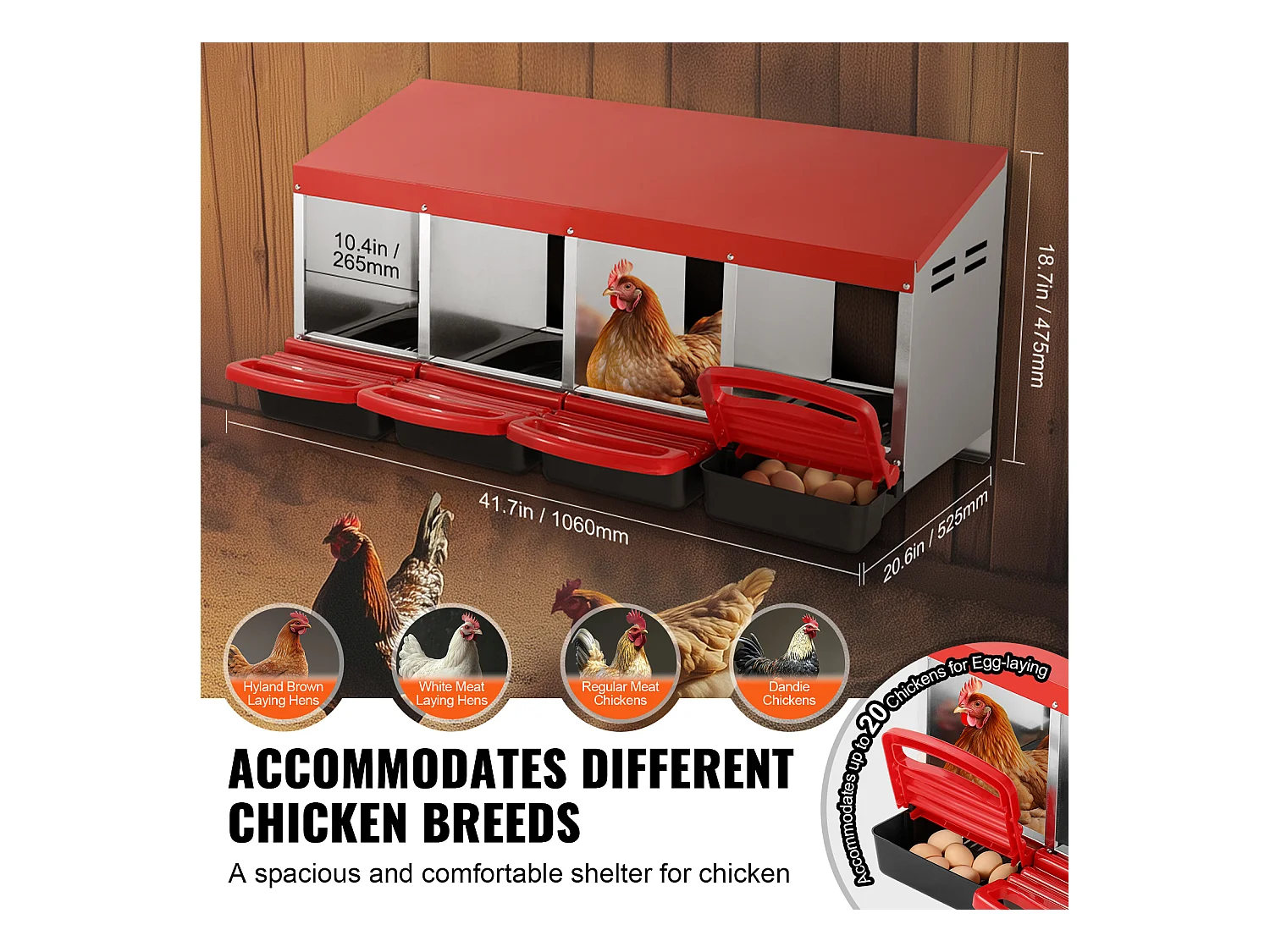 Pondoir pour Poules, SucceBuy Nichoir à Poules à 4 Compartiments, Boîte en Métal avec Conception de Nidification Inclinée