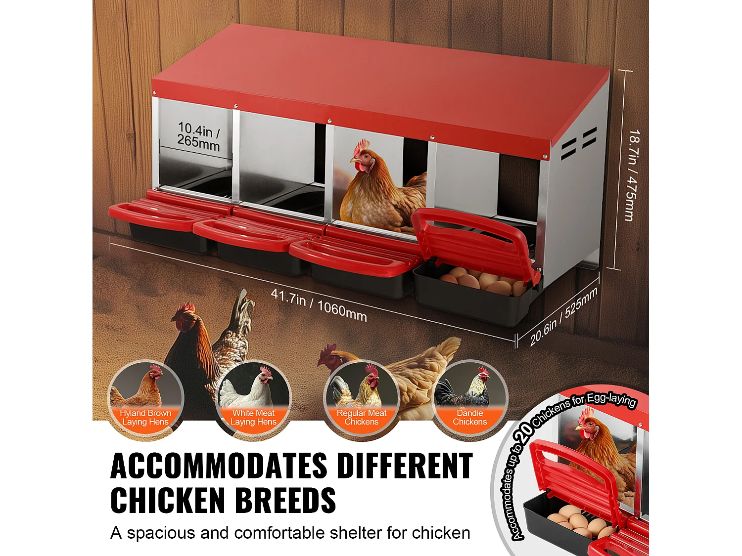 Pondoir pour Poules, SucceBuy Nichoir à Poules à 4 Compartiments, Boîte en Métal avec Conception de Nidification Inclinée