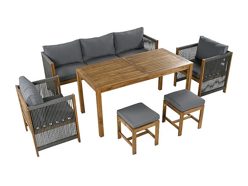 Garten-Esstisch aus Akazienholz: 3-Sitzer Sofa, 2 Sessel und 2 Hocker - Tisch L.150 cm - Natur und Grau