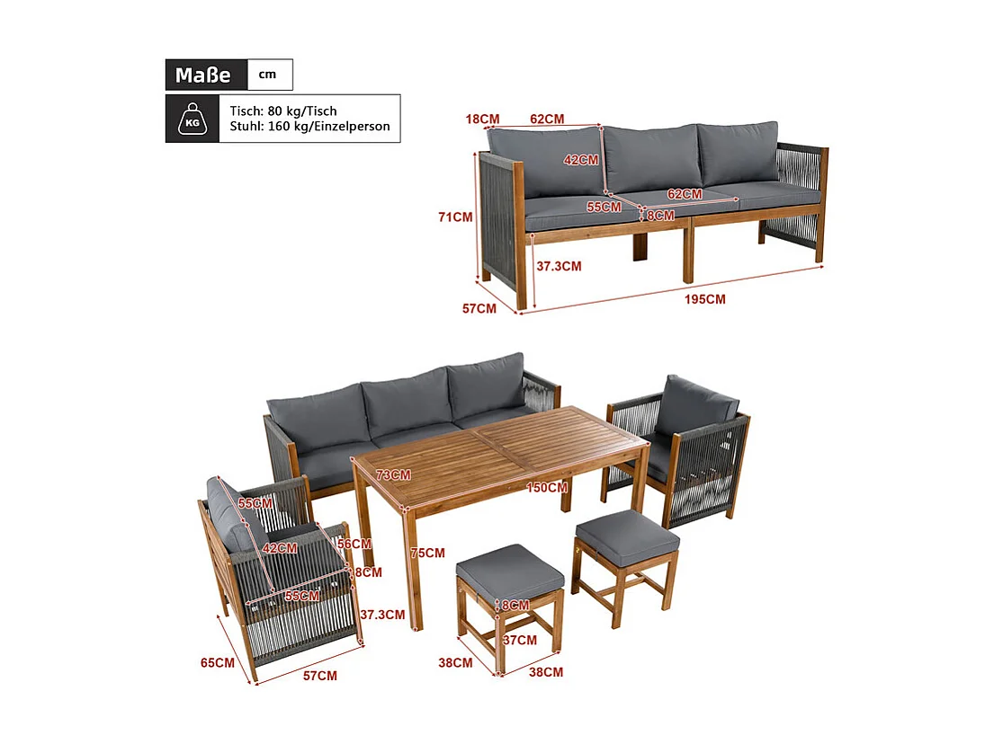 Garten-Esstisch aus Akazienholz: 3-Sitzer Sofa, 2 Sessel und 2 Hocker - Tisch L.150 cm - Natur und Grau