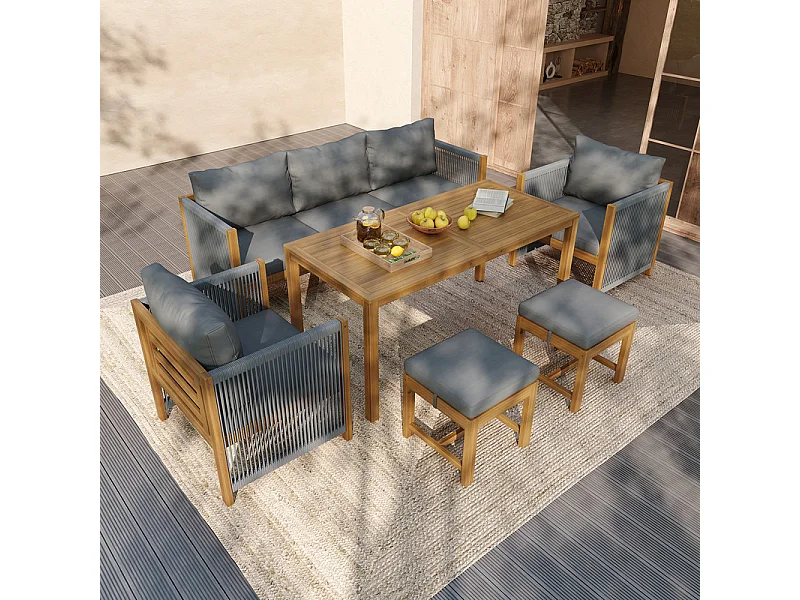 Garten-Esstisch aus Akazienholz: 3-Sitzer Sofa, 2 Sessel und 2 Hocker - Tisch L.150 cm - Natur und Grau