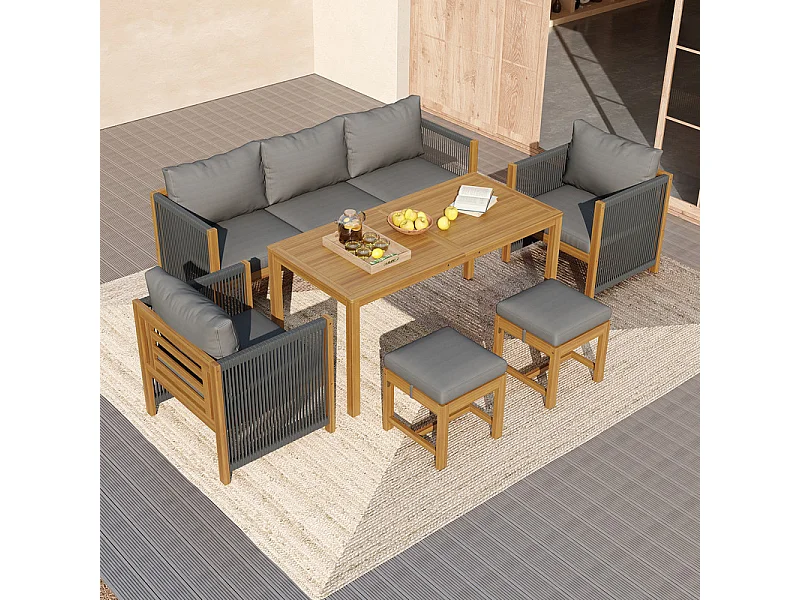 Garten-Esstisch aus Akazienholz: 3-Sitzer Sofa, 2 Sessel und 2 Hocker - Tisch L.150 cm - Natur und Grau
