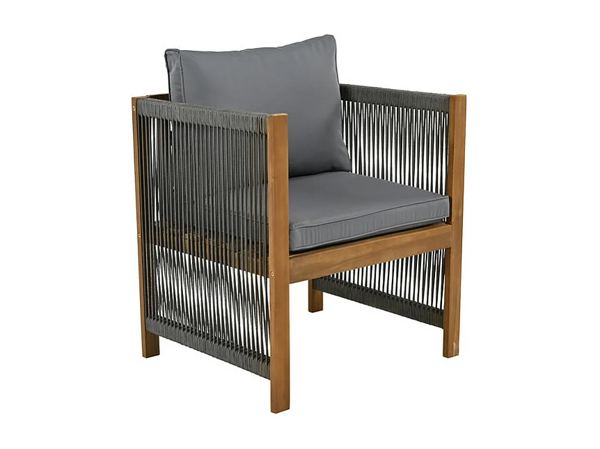 Garten-Esstisch aus Akazienholz: 3-Sitzer Sofa, 2 Sessel und 2 Hocker - Tisch L.150 cm - Natur und Grau