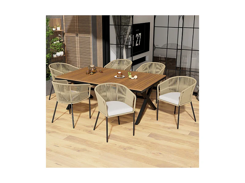 Salle à manger de jardin en bois d'Acacia - Table à manger avec 6 fauteuils - pieds réglables - couverture d'oreiller amovible