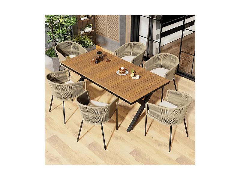 Salle à manger de jardin en bois d'Acacia - Table à manger avec 6 fauteuils - pieds réglables - couverture d'oreiller amovible