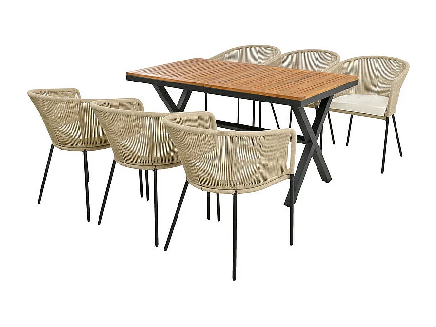 Eethoek in acaciahout: Tafel met 6 stoelen - verstelbare poten - afneembare hoesjes