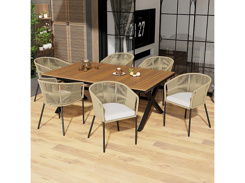 Eethoek in acaciahout: Tafel met 6 stoelen - verstelbare poten - afneembare hoesjes