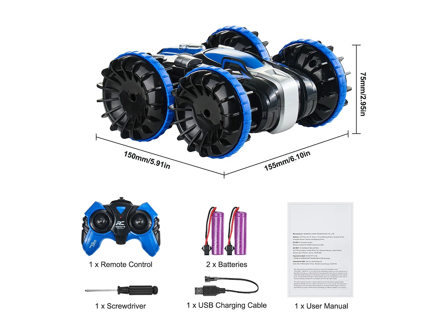 Bateau Télécommandé SucceBuy Amphibie 2,4 GHz 4 Roues Motrices pour Enfants et Adultes Bleu