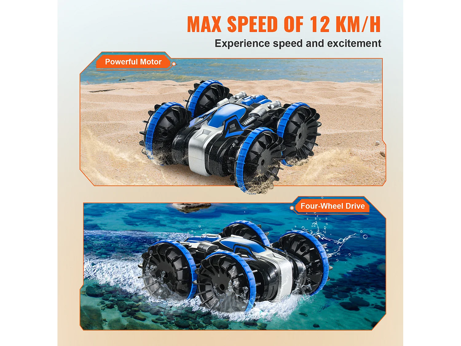 Bateau Télécommandé SucceBuy Amphibie 2,4 GHz 4 Roues Motrices pour Enfants et Adultes Bleu