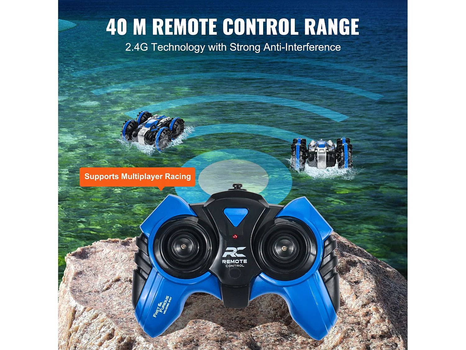 Bateau Télécommandé SucceBuy Amphibie 2,4 GHz 4 Roues Motrices pour Enfants et Adultes Bleu