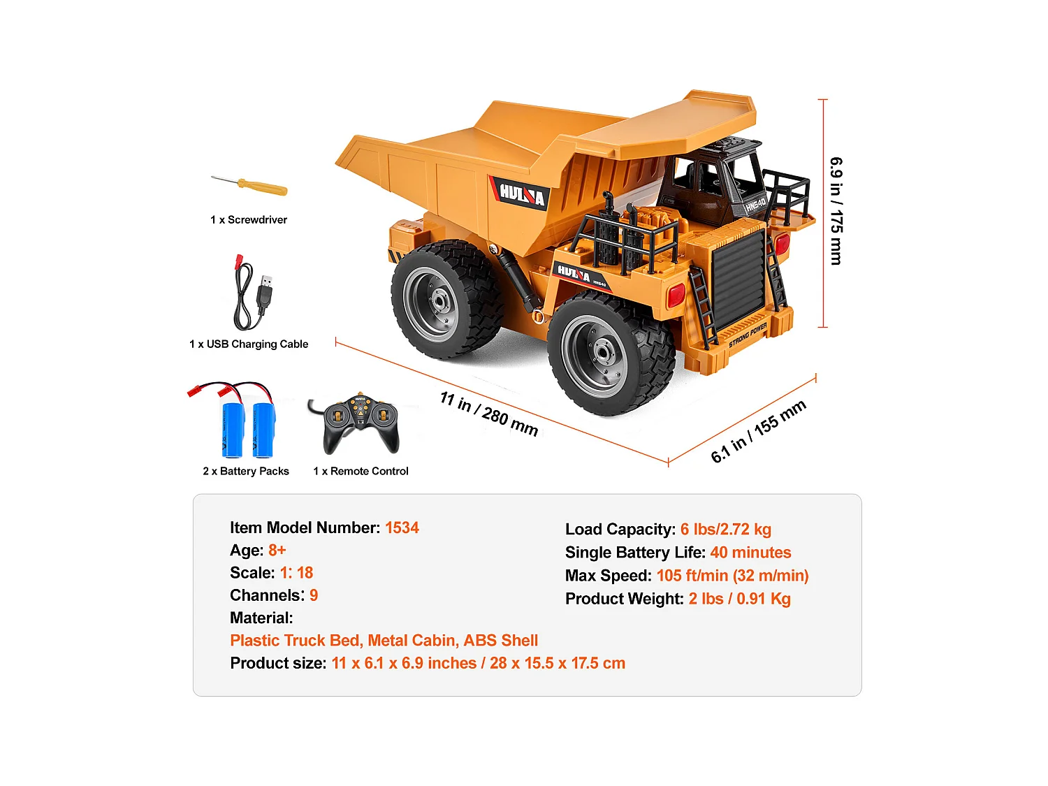 Camion-Benne Télécommandé SucceBuy à L'Échelle 1:18 9 Canaux avec Batteries Rechargeables