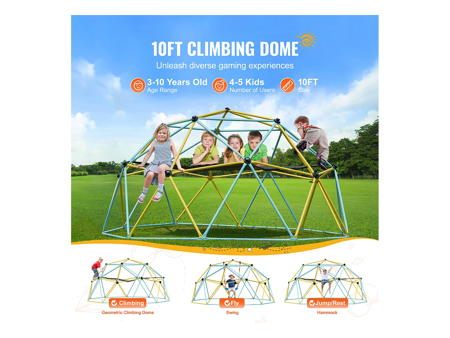Jouet SucceBuy Dôme D'escalade de 300CM avec Hamac Et Balançoire, Jungle Gym pour Enfants