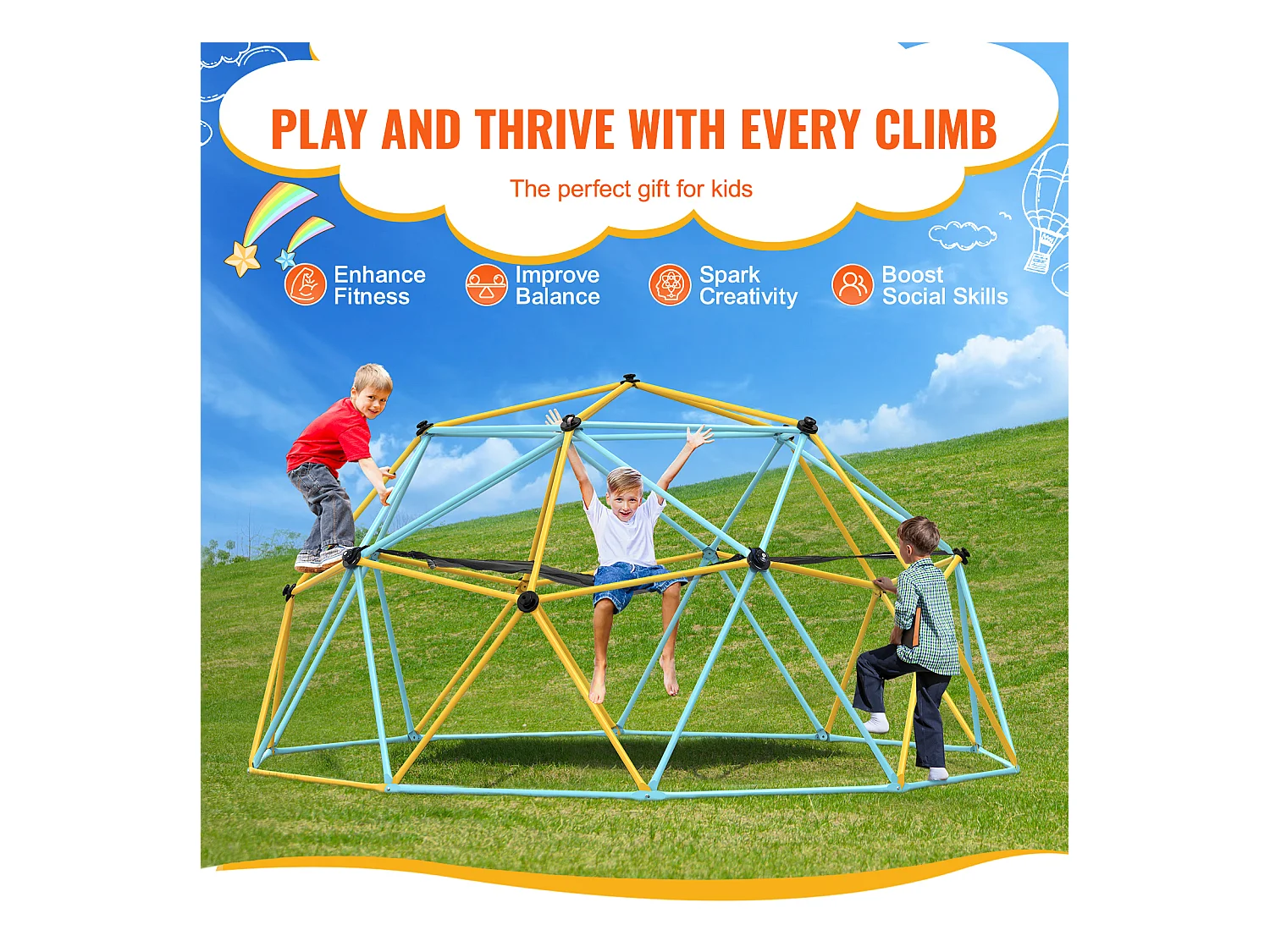 Jouet SucceBuy Dôme D'escalade de 300CM avec Hamac Et Balançoire, Jungle Gym pour Enfants