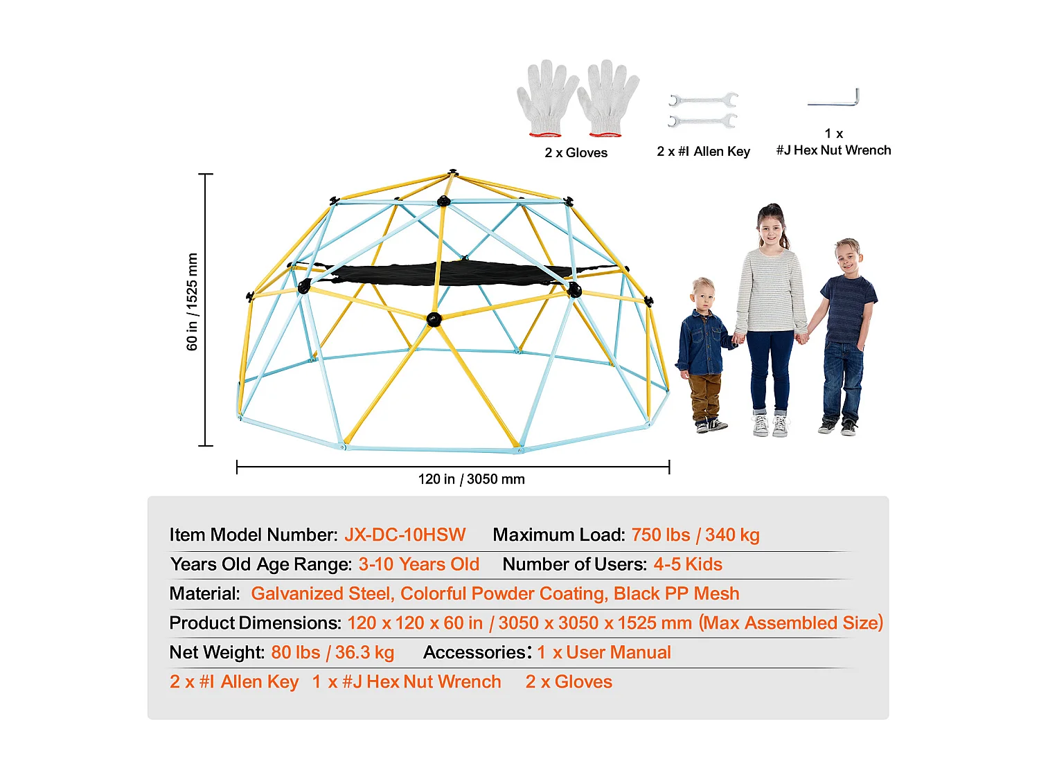 Jouet SucceBuy Dôme D'escalade de 300CM avec Hamac Et Balançoire, Jungle Gym pour Enfants