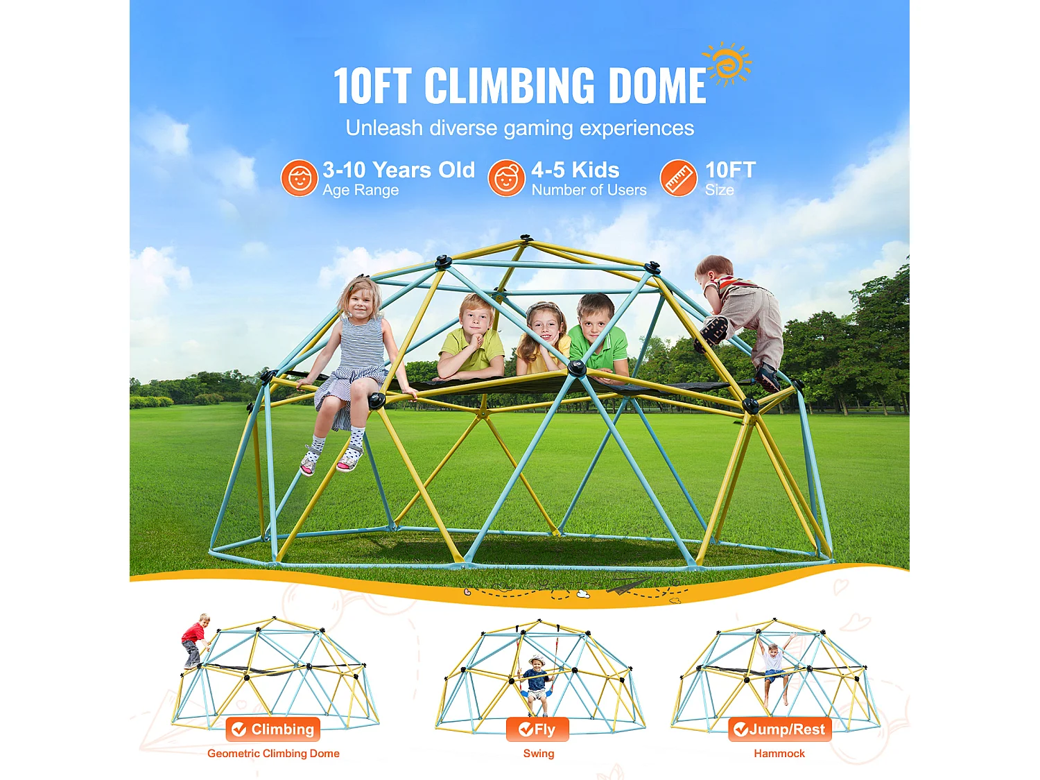 Jouet SucceBuy Dôme D'escalade de 300CM avec Hamac Et Balançoire, Jungle Gym pour Enfants