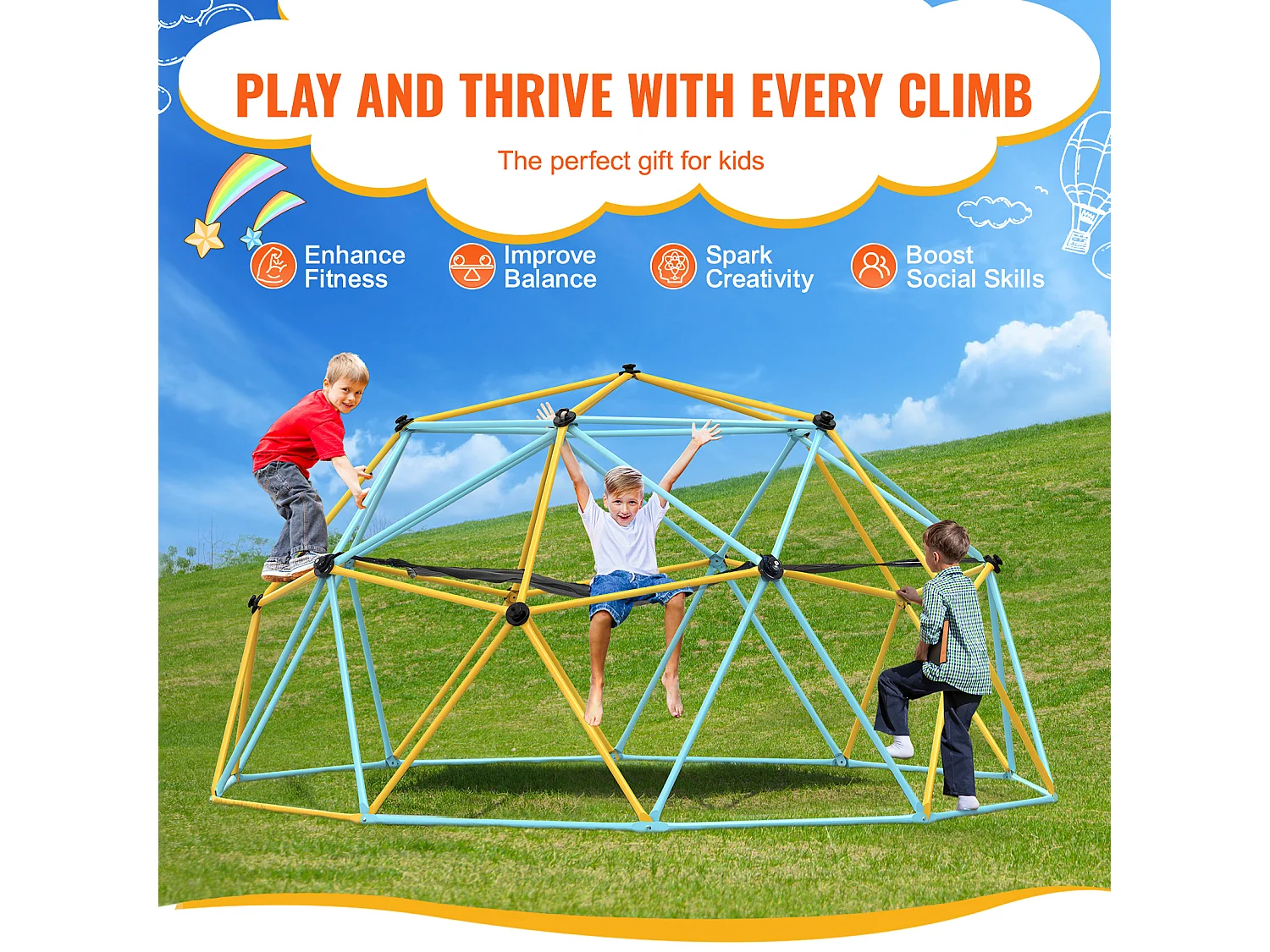 Jouet SucceBuy Dôme D'escalade de 300CM avec Hamac Et Balançoire, Jungle Gym pour Enfants