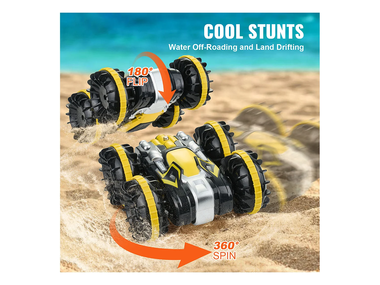 Amphibisches SucceBuy Fernsteuerboot 2,4 GHz 4 Antriebsräder für Kinder und Erwachsene Gelb