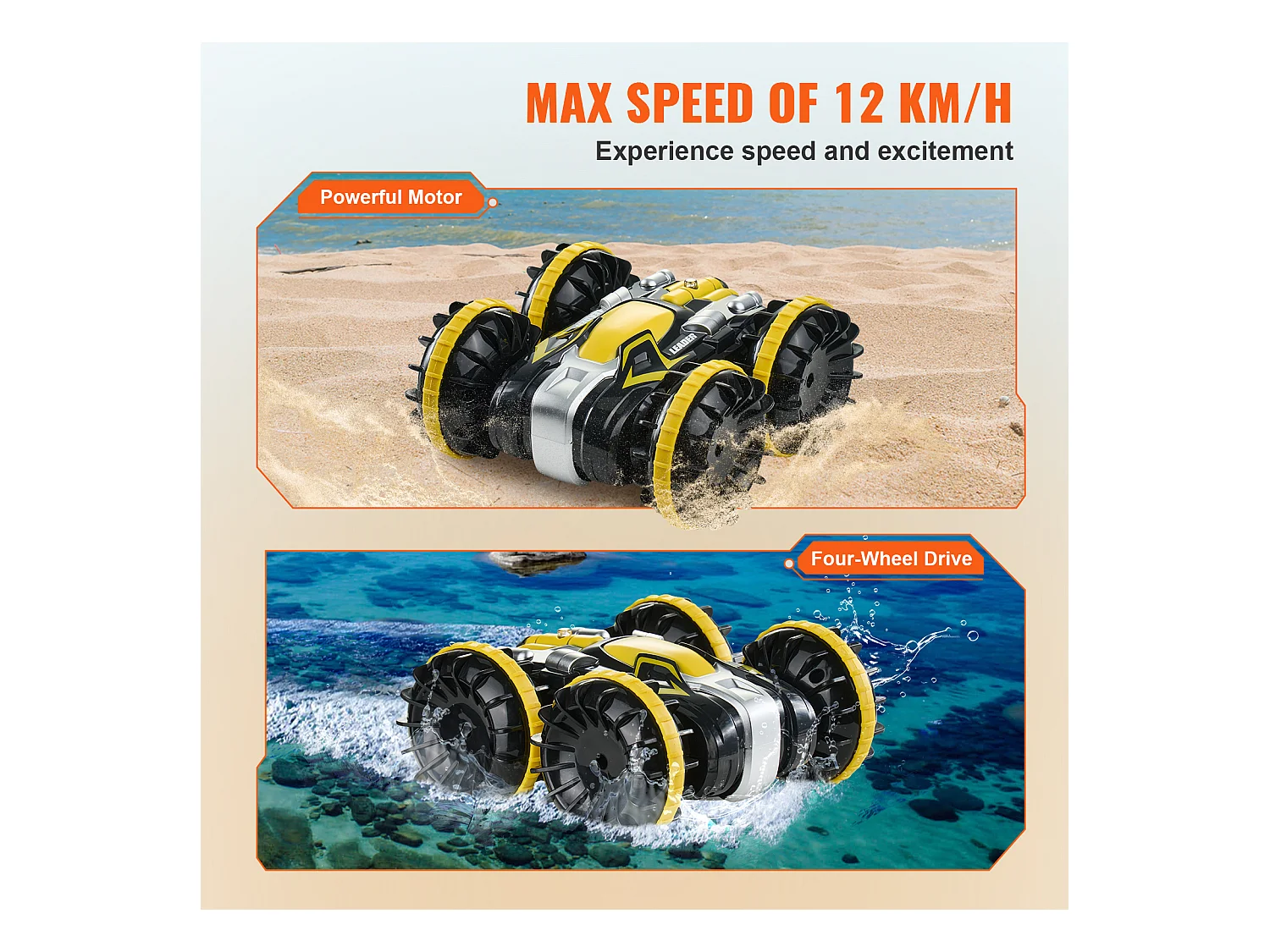 Amphibisches SucceBuy Fernsteuerboot 2,4 GHz 4 Antriebsräder für Kinder und Erwachsene Gelb