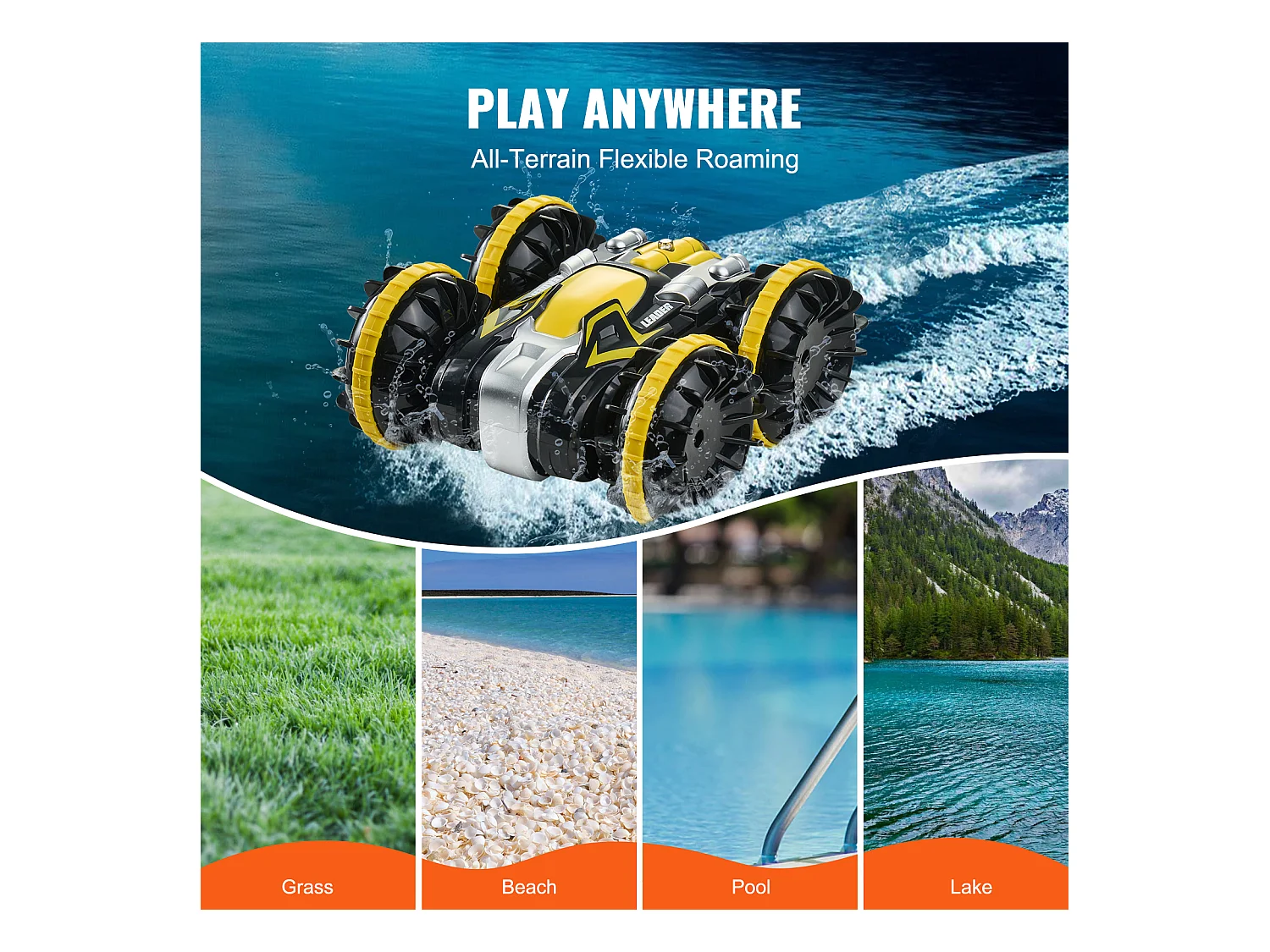 Amphibisches SucceBuy Fernsteuerboot 2,4 GHz 4 Antriebsräder für Kinder und Erwachsene Gelb