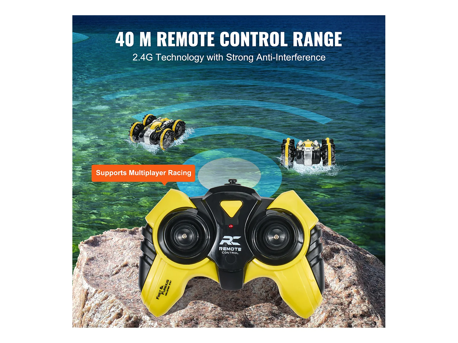 Amphibisches SucceBuy Fernsteuerboot 2,4 GHz 4 Antriebsräder für Kinder und Erwachsene Gelb