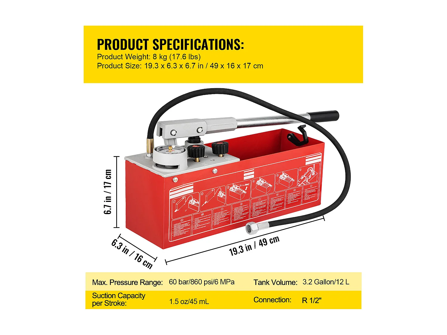 Pompe d'Essai de Pression Hydrostatique SucceBuy 60 Bars/860 psi, Réservoir de 3,2 Gallons