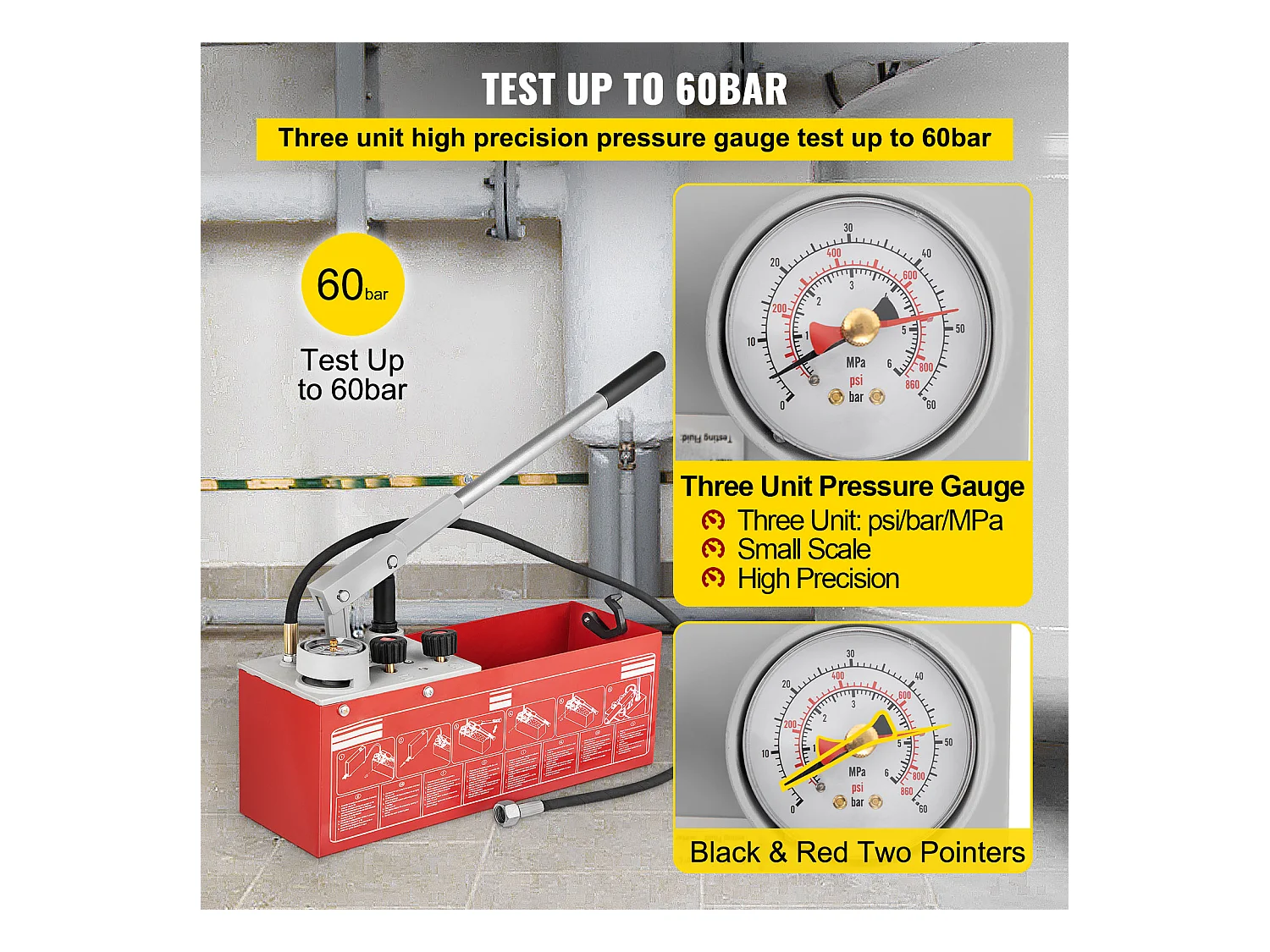 Pompe d'Essai de Pression Hydrostatique SucceBuy 60 Bars/860 psi, Réservoir de 3,2 Gallons