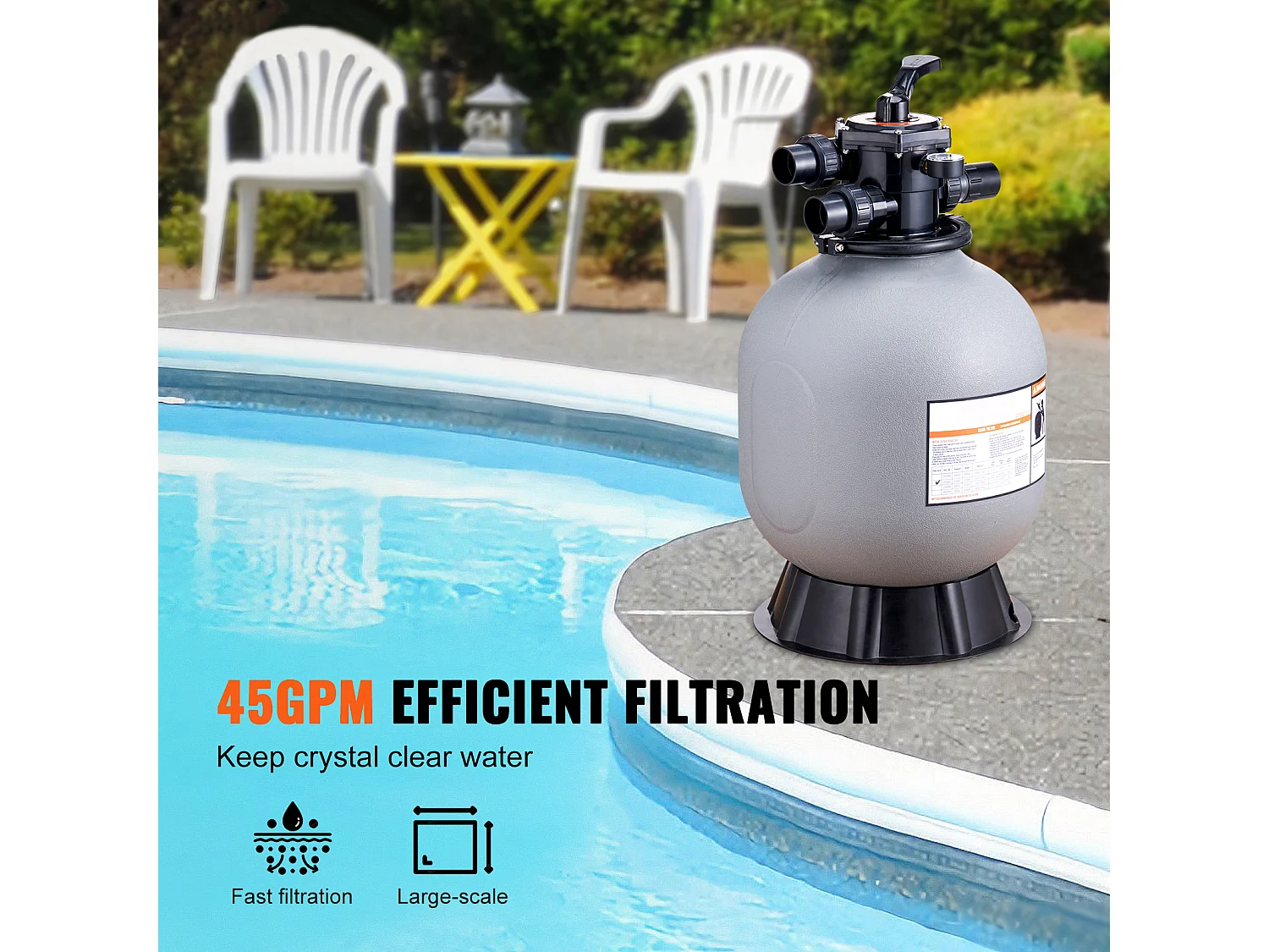 Filtre à Sable SucceBuy 48.26cm, Filtre de Piscine avec Vanne à 7 Voies, pour Piscines Hors Sol et Enterrées