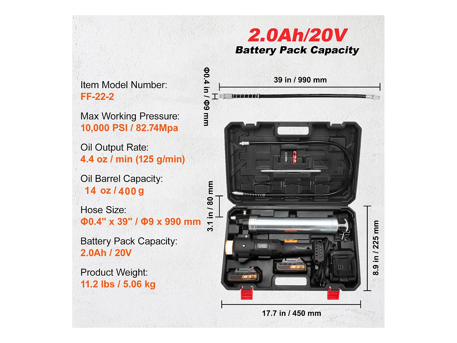 Snoerloze Vetspuit SucceBuy 20V, 10.000 PSI, 2,0 Ah Accukit met Koffer
