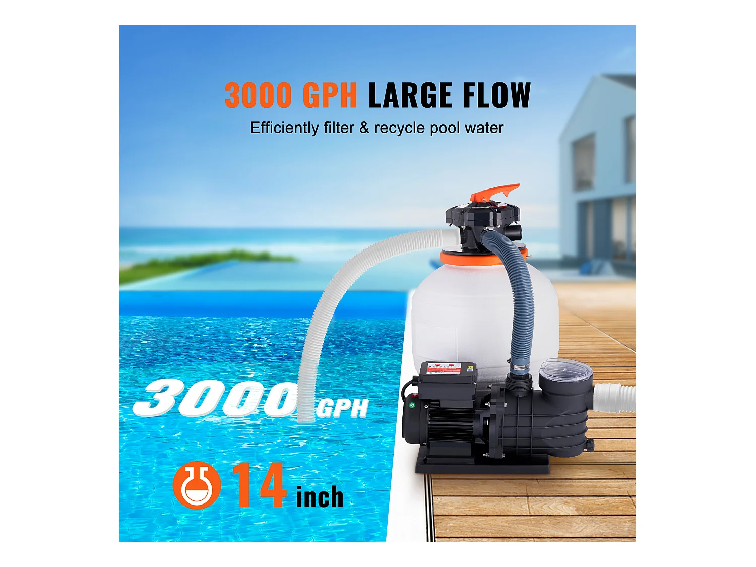Filtre à Sable SucceBuy pour Piscines Hors Sol, Pompe 450 W, 13 000 L/H, Vanne 6 Voies