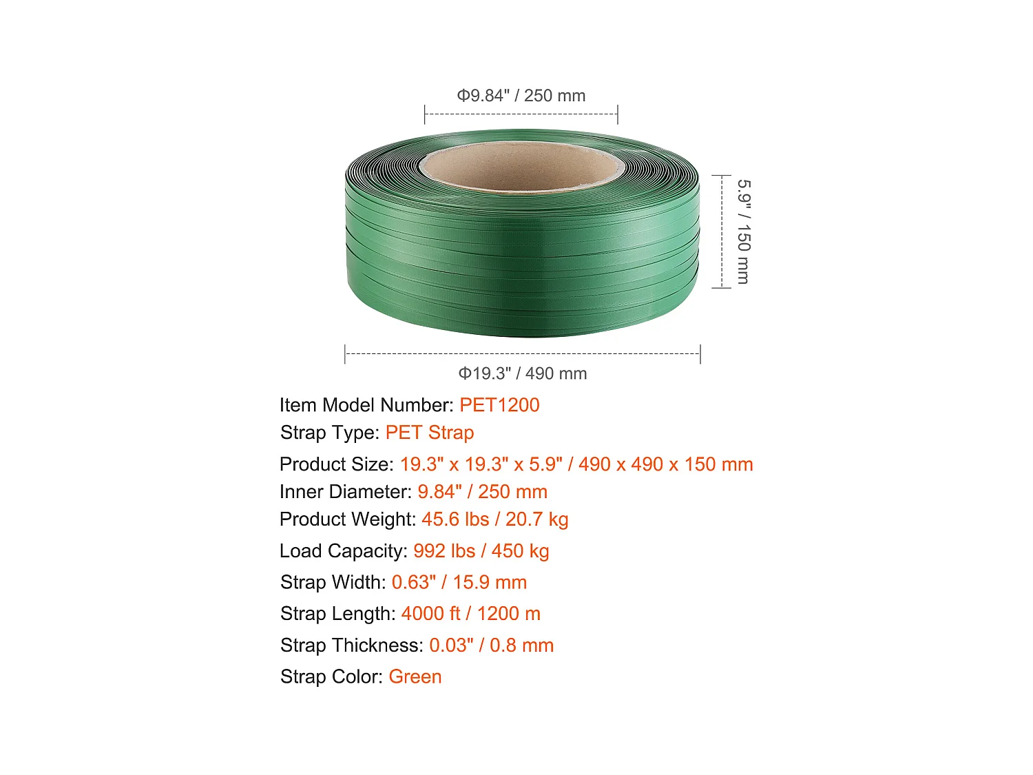 Polyester-PET-Banding-Rolle SucceBuy 1219,2 m x 1,6002 cm, 449,96 kg, Grün