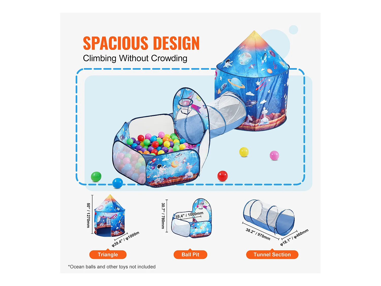 Tente de Jeu et Tunnel SucceBuy Blue Rocket pour Enfants, Cadeau pour les Tout-Petits Garçons et Filles