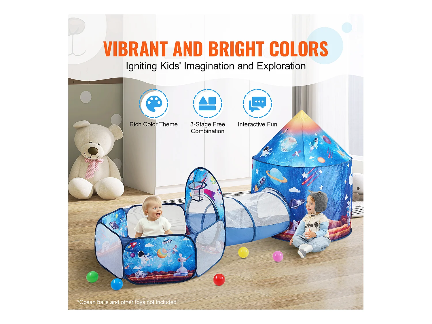 Tente de Jeu et Tunnel SucceBuy Blue Rocket pour Enfants, Cadeau pour les Tout-Petits Garçons et Filles