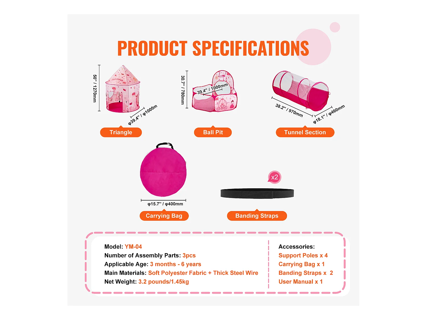 Tente SucceBuy Ensemble de Tente de Jeu et Tunnel Pop-Up pour Filles Princess avec étui de transport