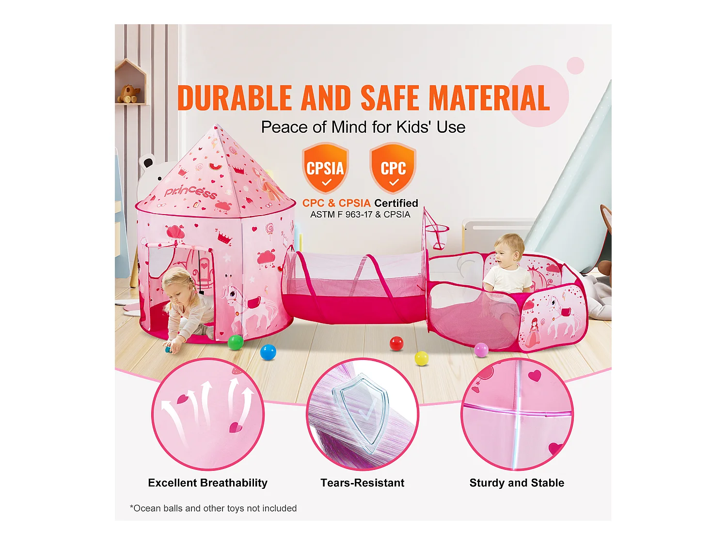 Tente SucceBuy Ensemble de Tente de Jeu et Tunnel Pop-Up pour Filles Princess avec étui de transport