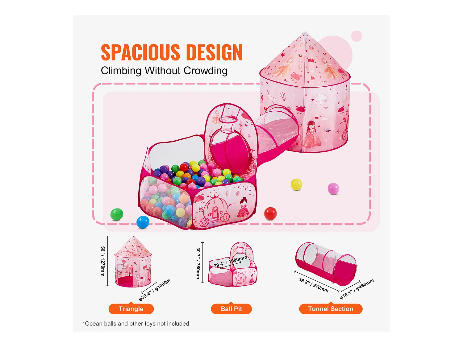 Tente SucceBuy Ensemble de Tente de Jeu et Tunnel Pop-Up pour Filles Princess avec étui de transport