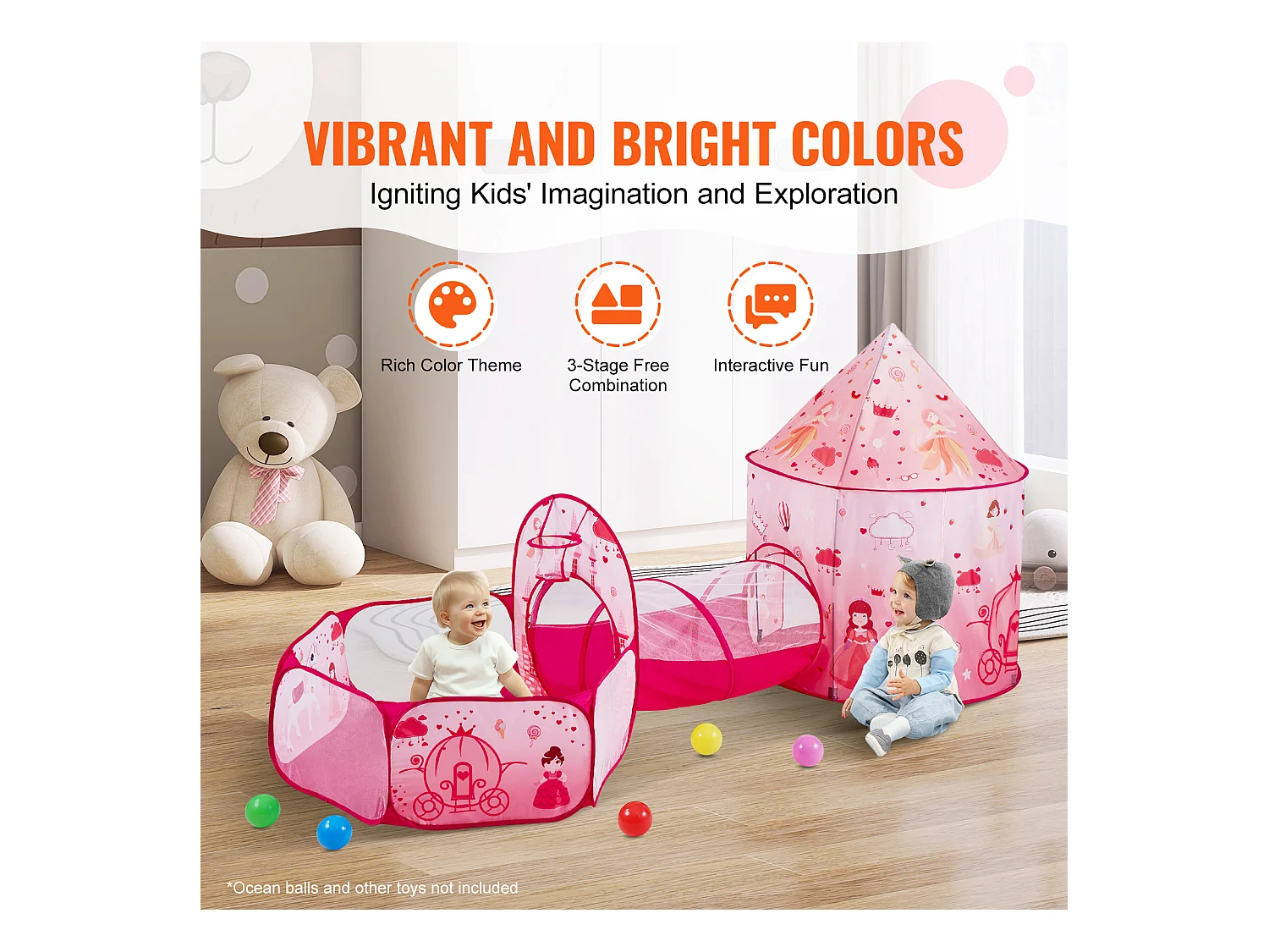 Tente SucceBuy Ensemble de Tente de Jeu et Tunnel Pop-Up pour Filles Princess avec étui de transport