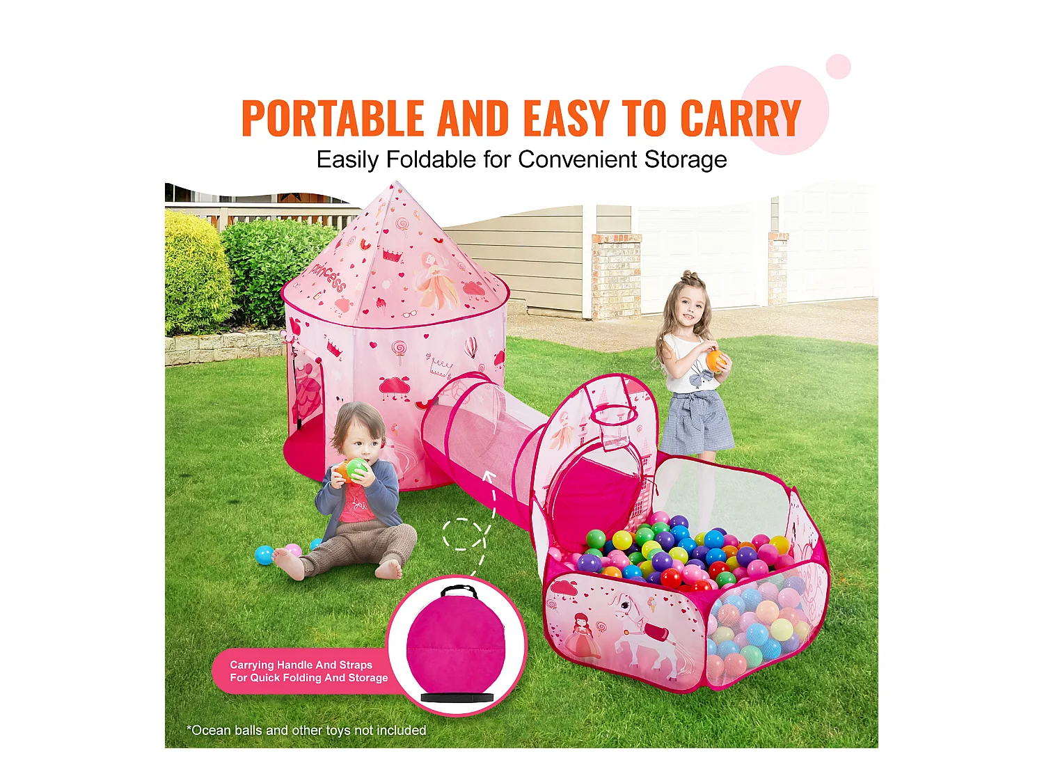 Tente SucceBuy Ensemble de Tente de Jeu et Tunnel Pop-Up pour Filles Princess avec étui de transport