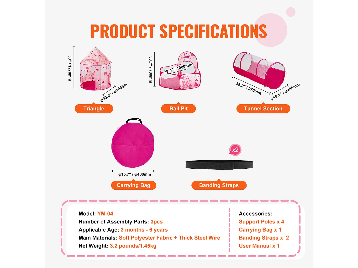 Tente SucceBuy Ensemble de Tente de Jeu et Tunnel Pop-Up pour Filles Princess avec étui de transport