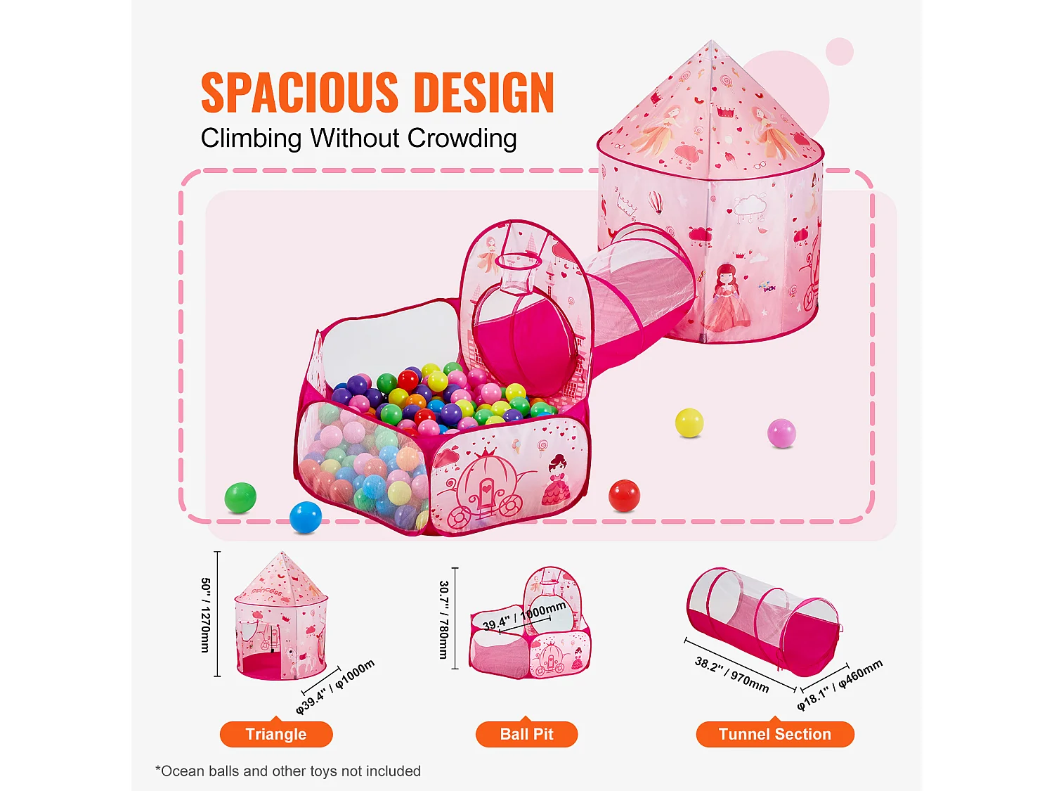 Tente SucceBuy Ensemble de Tente de Jeu et Tunnel Pop-Up pour Filles Princess avec étui de transport