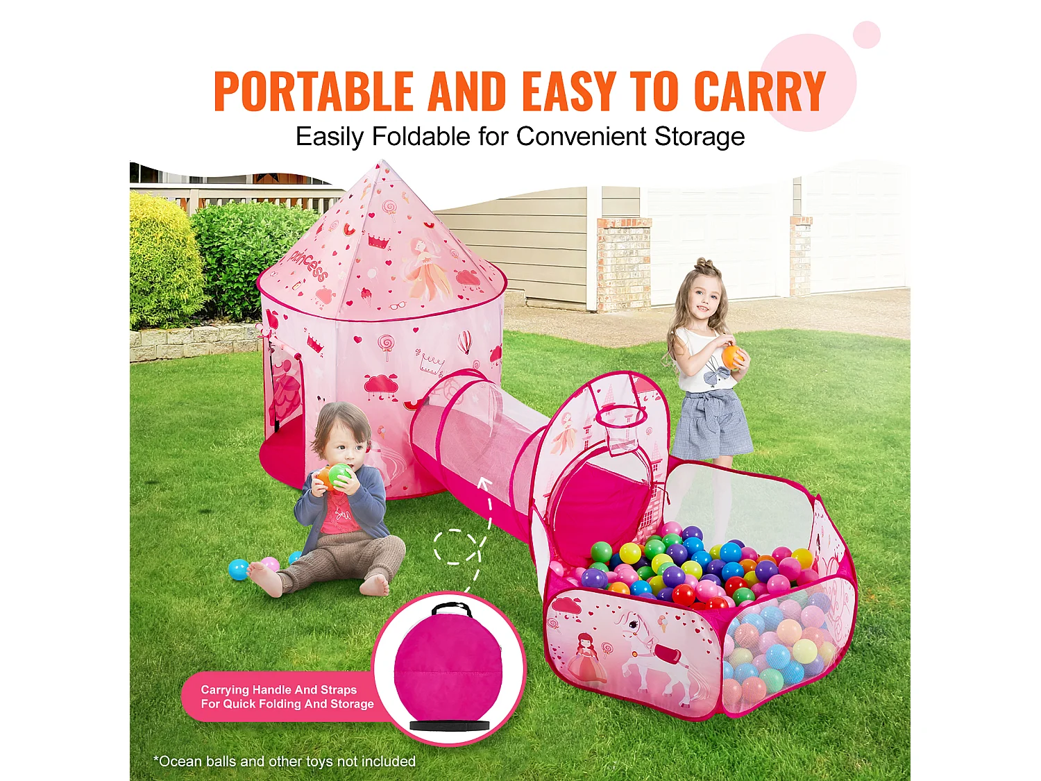 Tente SucceBuy Ensemble de Tente de Jeu et Tunnel Pop-Up pour Filles Princess avec étui de transport