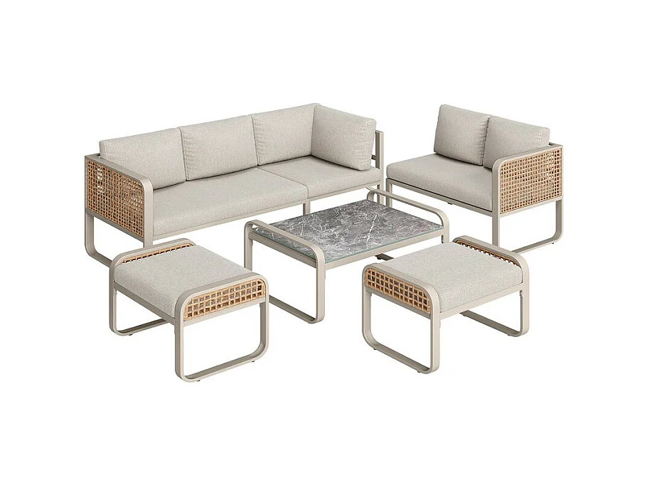 Giardino in metallo per 6-7 persone: Divano angolare + tavolino + 2 sgabelli, piedi regolabili, Beige
