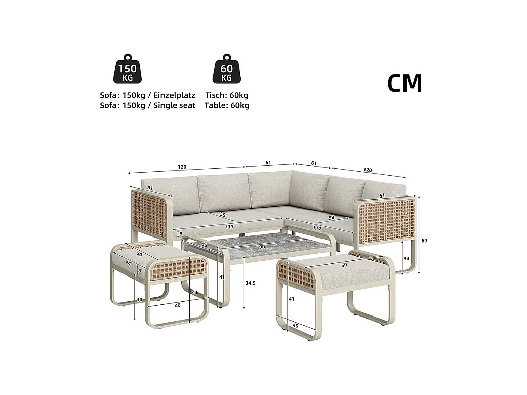 Giardino in metallo per 6-7 persone: Divano angolare + tavolino + 2 sgabelli, piedi regolabili, Beige