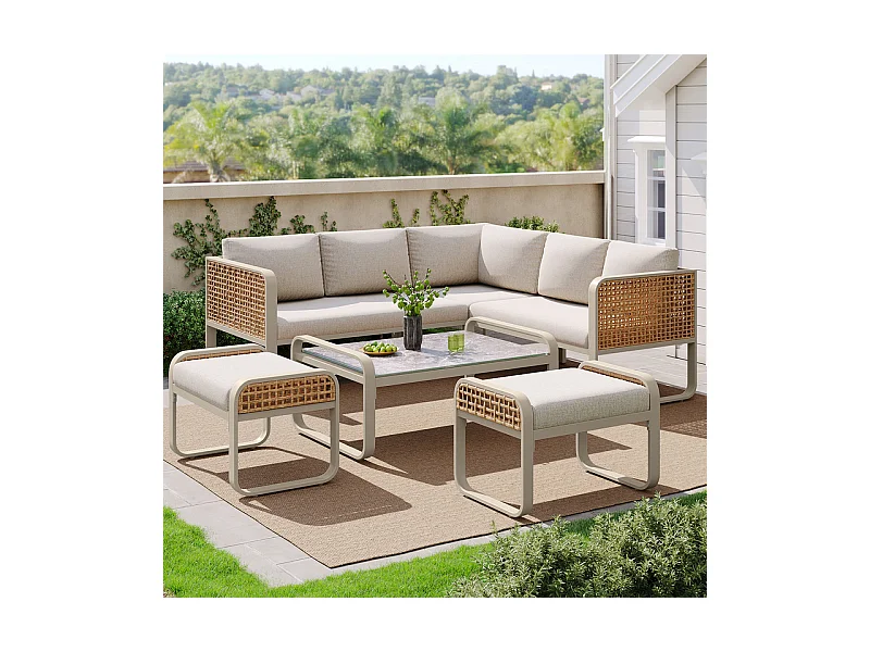 Giardino in metallo per 6-7 persone: Divano angolare + tavolino + 2 sgabelli, piedi regolabili, Beige